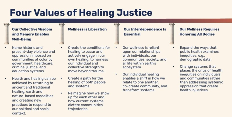 A poster naming Four Values of Healing Justice, including Collective Wisdom, Wellness, and Interdependence