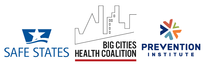 The image shows three logos in a horizontal arrangement:  The first logo on the left is for "Safe States." It features a stylized blue star with a wave-like underline, representing safety and movement.  The middle logo is for the "Big Cities Health Coalition." It depicts a minimalist black line drawing of a city skyline with the text "BIG CITIES HEALTH COALITION" beneath it, with a red line under the word "COALITION."  The logo on the right is for the "Prevention Institute." It consists of a multicolored abstract symbol made up of arrows pointing in different directions, with the text "PREVENTION INSTITUTE" in dark blue.  Each logo represents a different public health organization.