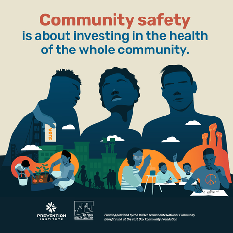 Cartoon graphic of diverse communities: a mother and child potting a plant on the bottom left, a classroom setting of teacher and students on the bottom right, and three individuals looking into the distance at the top.