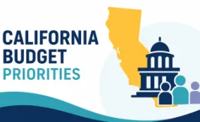 California Budget Priorities graphic with state silhouette, Capitol building, and community figures in PI brand colors.