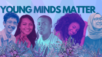 Youth-focused banner reading “Young Minds Matter” with five smiling teens in colorful gradient overlay and leafy graphic elements across the bottom.