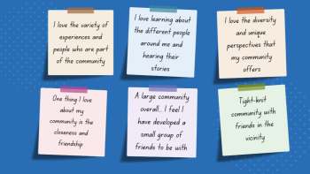 An array of sticky notes showing responses from youth leaders when asked, “What do you love about your community?” Image credit: Kalia Pannell, Canva