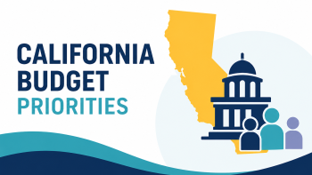 California Budget Priorities graphic with state silhouette, Capitol building, and community figures in PI brand colors.