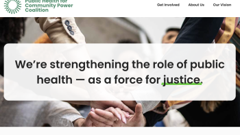 Homepage banner for Public Health for Community Power Coalition featuring people joining hands and justice-focused messaging.