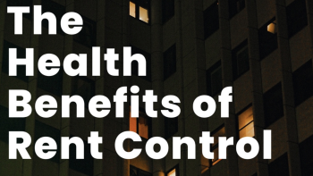Cover of “The Health Benefits of Rent Control” with bold white title text over a dark apartment building with lit windows at night