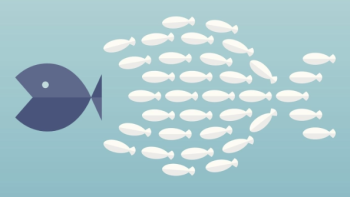 Illustration of one large blue fish facing a school of small white fish swimming together on a light blue background.