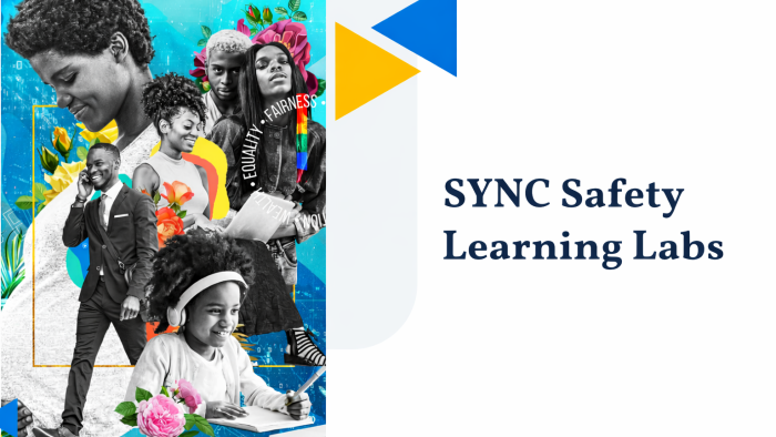 Collage of diverse people beside text reading “SYNC Safety Learning Labs” with colorful shapes and floral elements