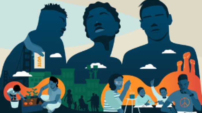 The image features silhouettes of young individuals above scenes of community engagement, including gardening, dining, and learning, with one figure displaying a peace sign. The illustration highlights the themes of community involvement and racial justice, using bold colors to emphasize the importance of individual roles within a community.
