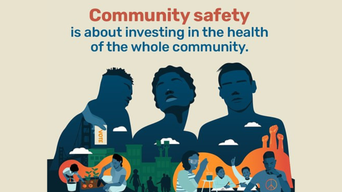 Illustration showing people and community scenes beneath the text: “Community safety is about investing in the health of the whole community.”