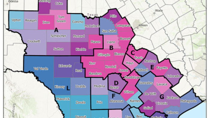 Cropped section of a map of central Texas counties showing color-coded regions A–G in the metropolitan statistical area.