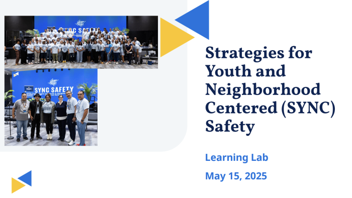 Group photos from SYNC Safety event with title on youth and neighborhood-centered safety, learning lab label, and May 2025 date