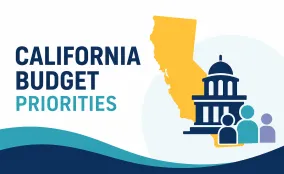 California Budget Priorities graphic with state silhouette, Capitol building, and community figures in PI brand colors.