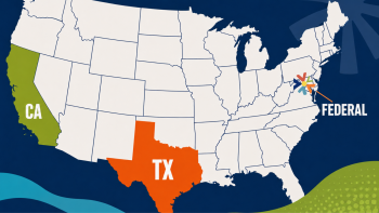 U.S. map highlighting California, Texas, and federal policy efforts, representing state and national advocacy work.