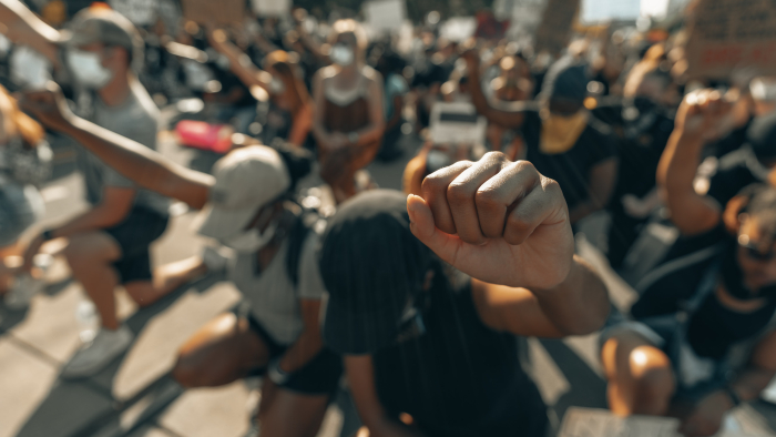 Image of demonstrators with fists in air
