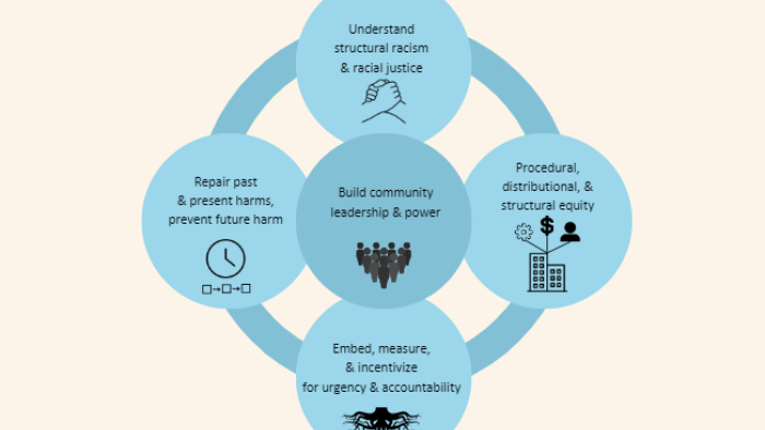 The image features a Venn diagram with five circles, each detailing a concept related to social equity and justice, such as understanding structural racism, repairing harm, promoting equity, building community power, and embedding accountability. Icons like hands shaking, a broken chain, gear, and roots illustrate these ideas. The diagram underscores the interconnectedness of these themes in fostering community equity and justice, presented in soft blue shades against a light backdrop.